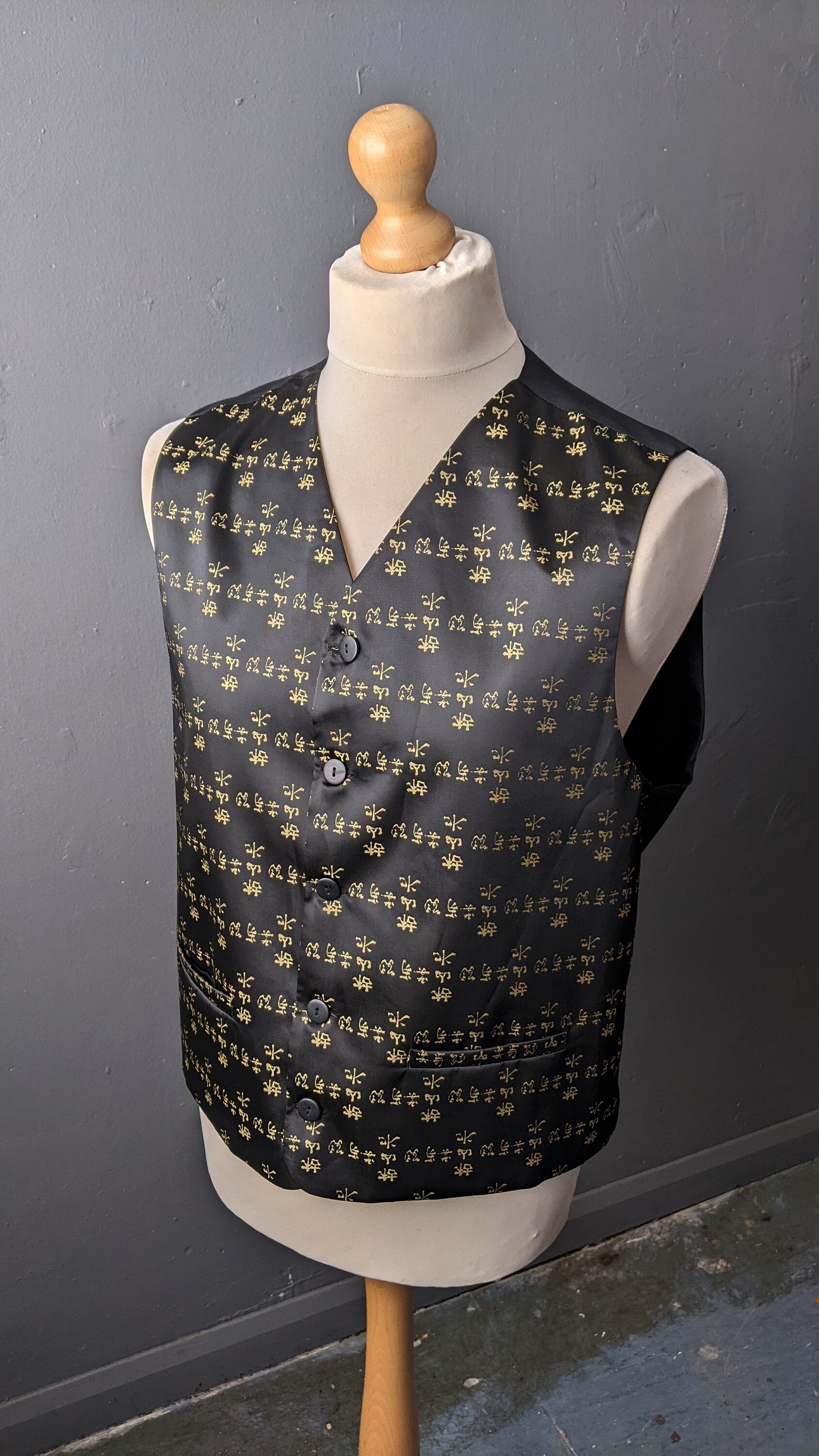 90s Black Satin Waistcoat with Gold Chinese Calligraphy, Vintage Vest by Cicerone, 42 Chest Size Medium Large