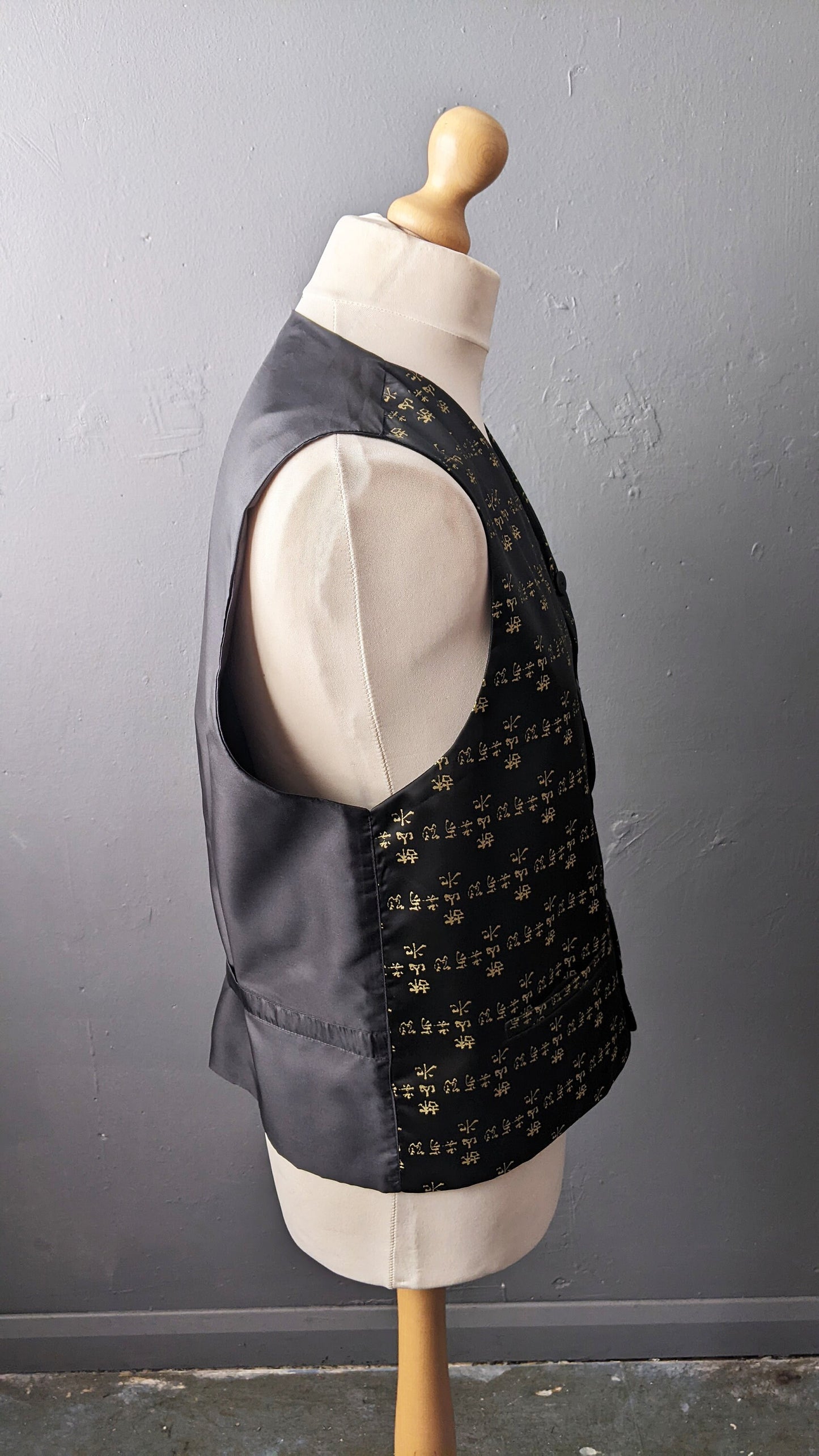 90s Black Satin Waistcoat with Gold Chinese Calligraphy, Vintage Vest by Cicerone, 42 Chest Size Medium Large