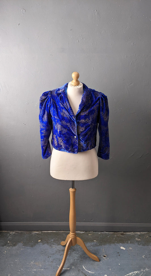 80s Sparkly Blue Velvet Bolero with Puff Sleeves, Glittering Eveningwear, Size Large