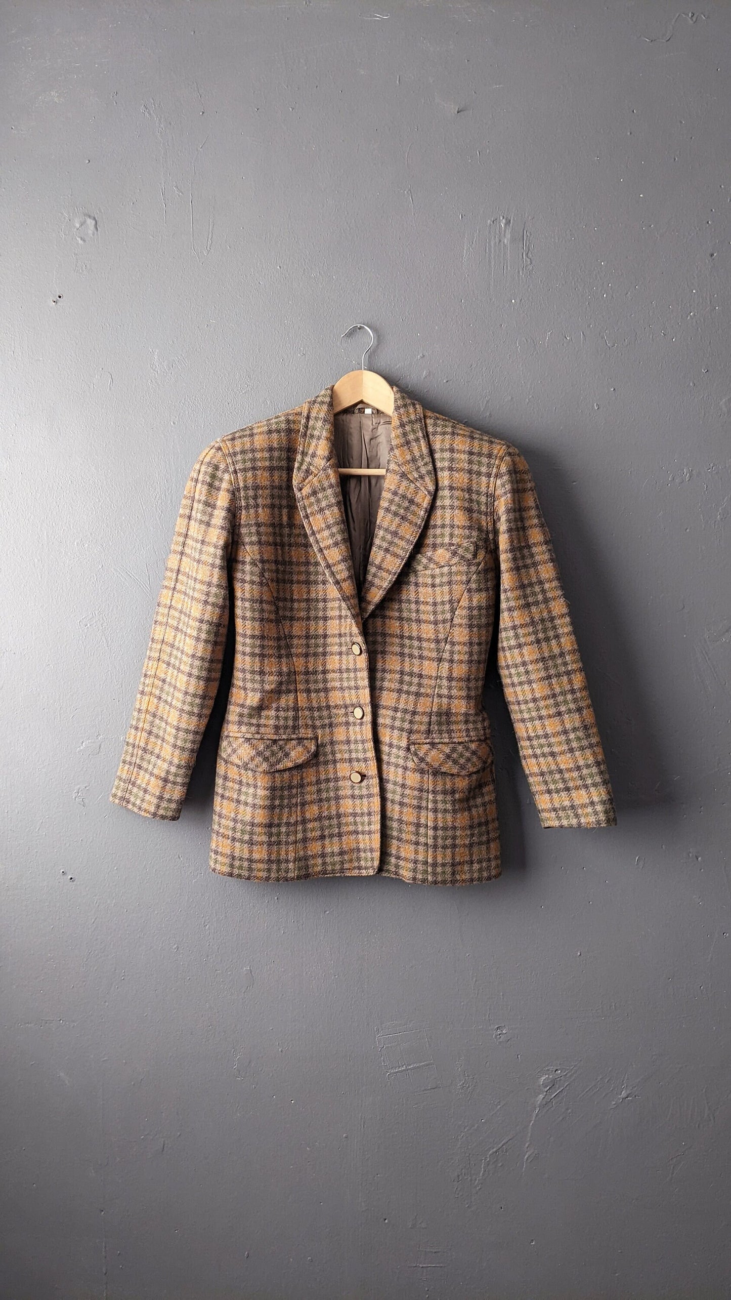 80s Country Check Wool Jacket, Fitted Smart Blazer, Size Small