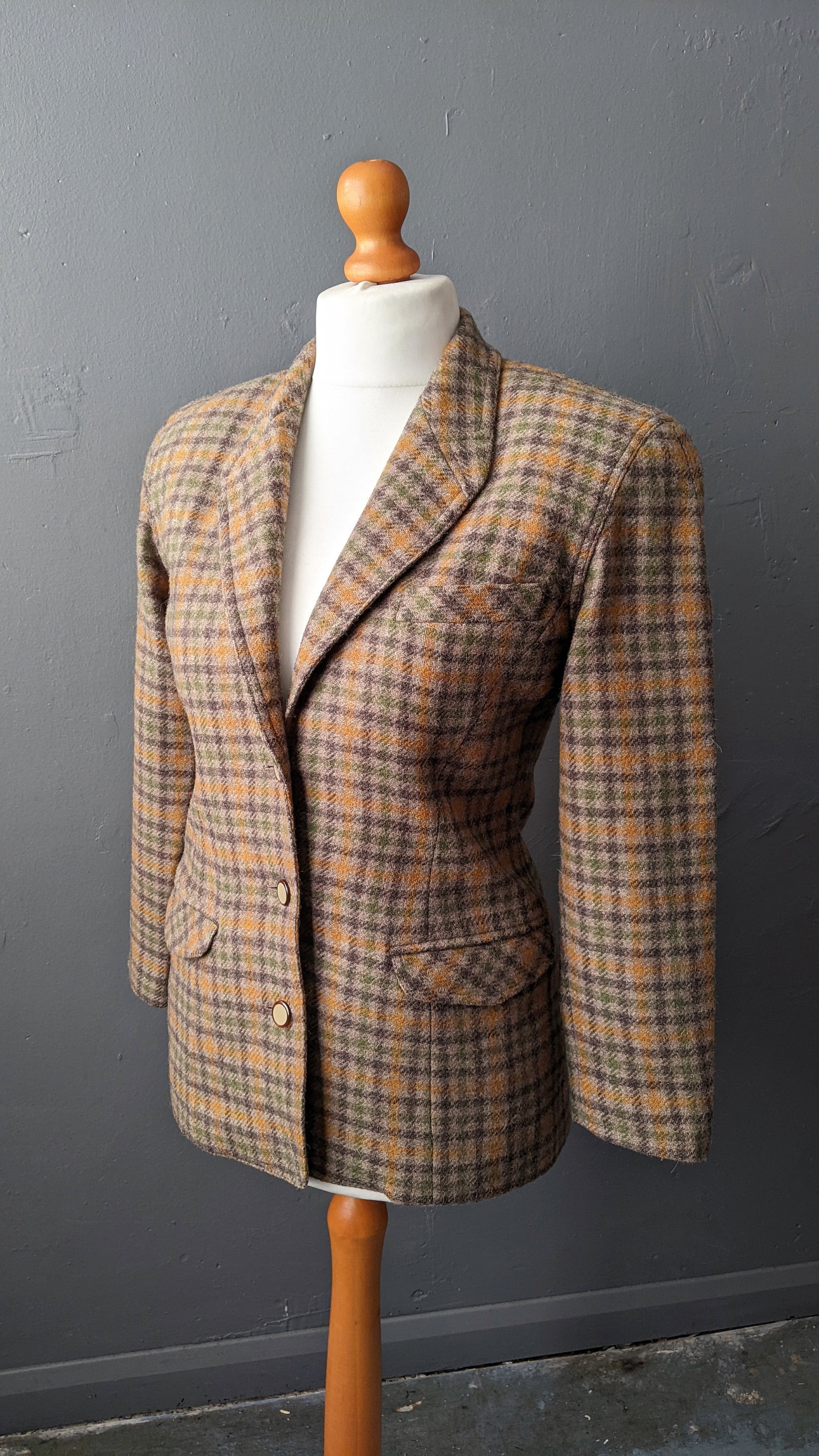 80s Country Check Wool Jacket, Fitted Smart Blazer, Size Small