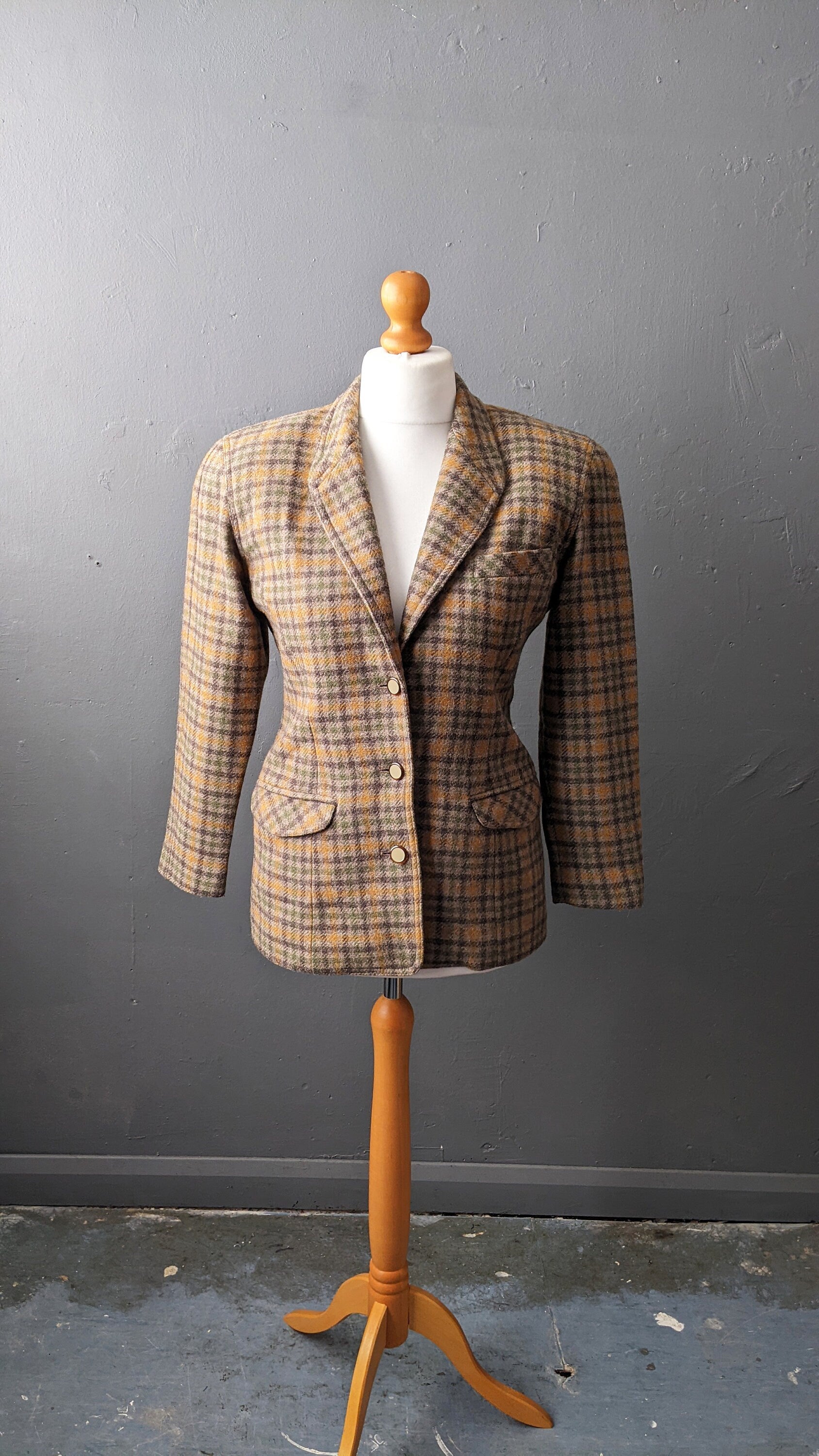 80s Country Check Wool Jacket, Fitted Smart Blazer, Size Small