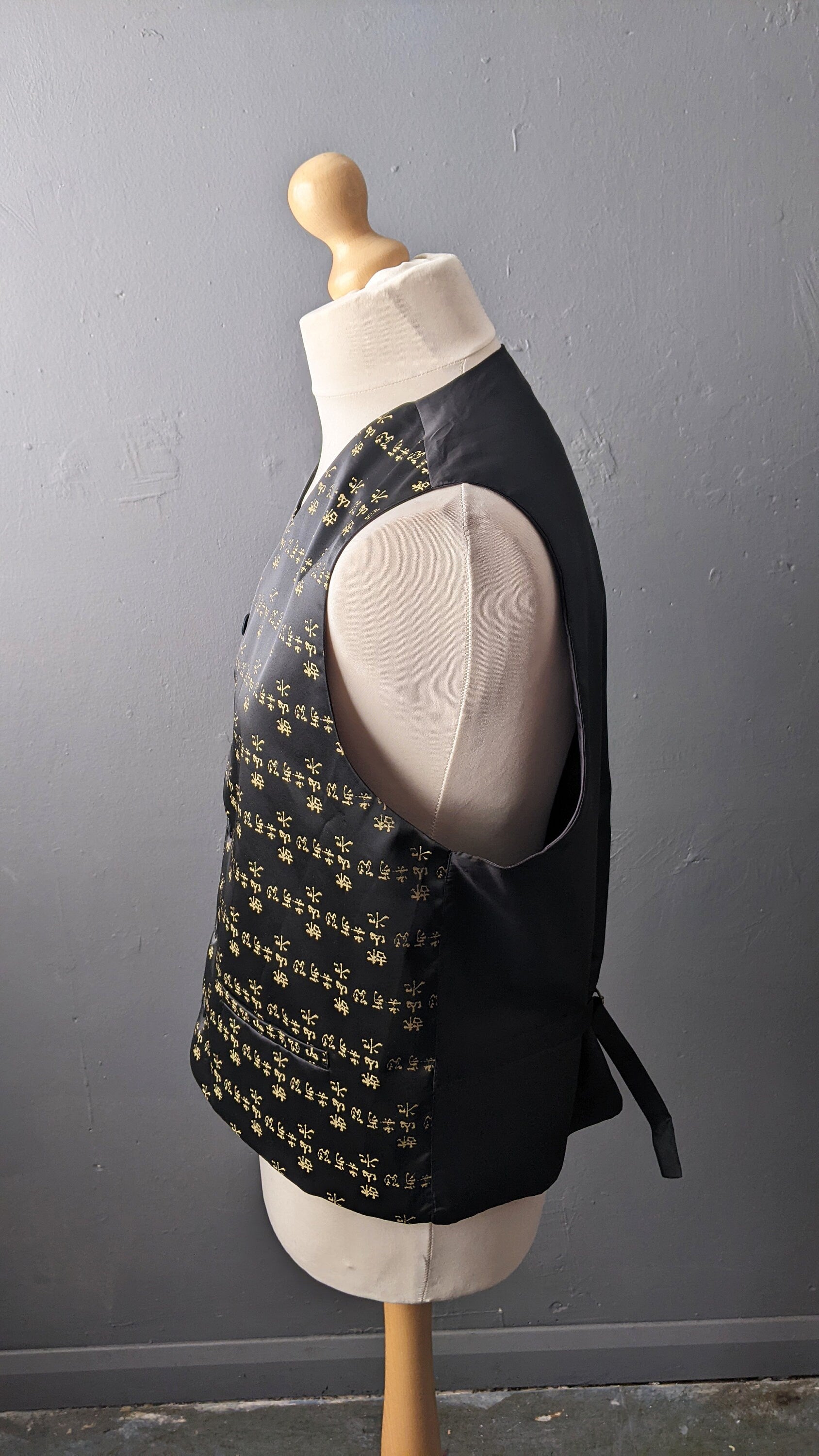 90s Black Satin Waistcoat with Gold Chinese Calligraphy, Vintage Vest by Cicerone, 42 Chest Size Medium Large