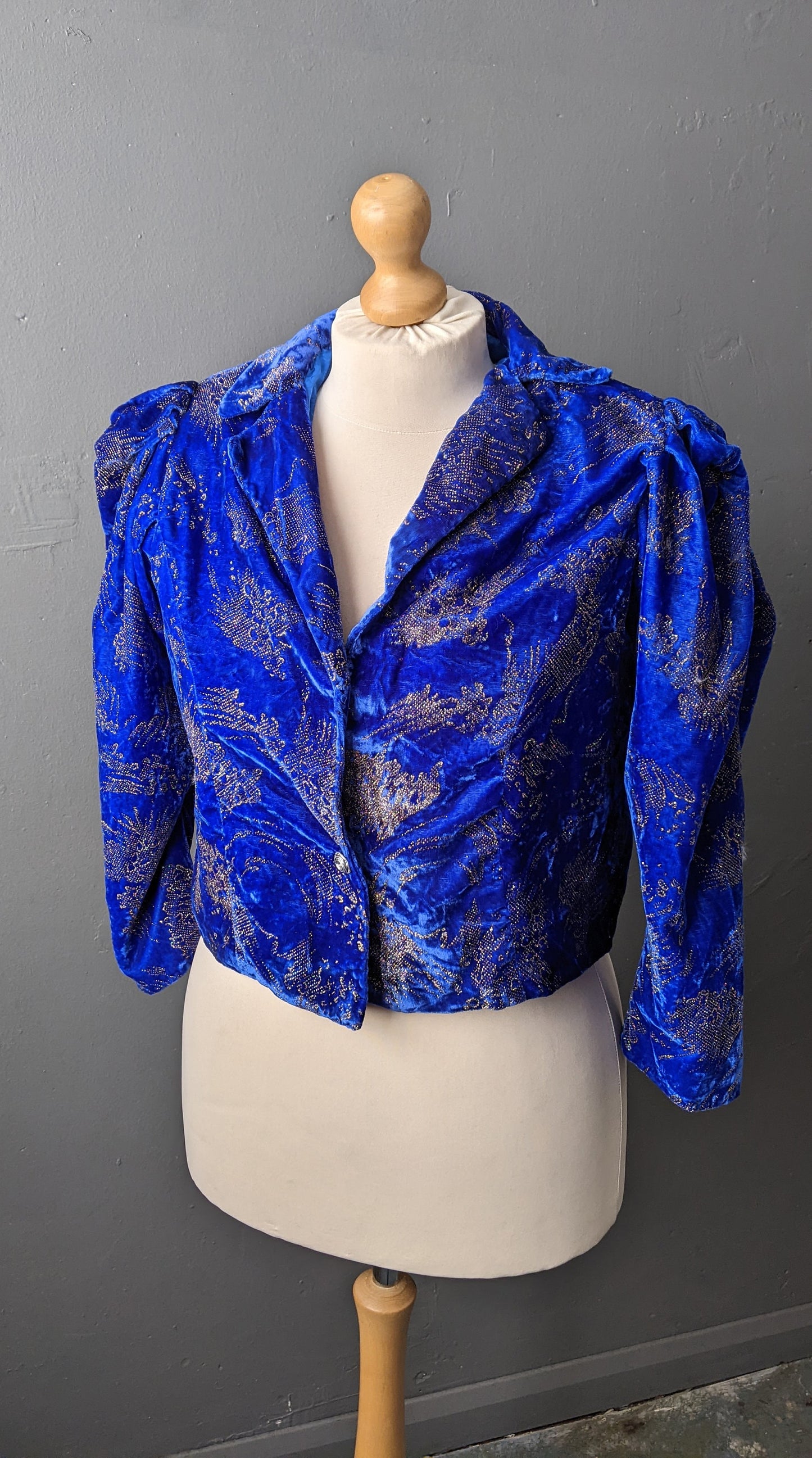 80s Sparkly Blue Velvet Bolero with Puff Sleeves, Glittering Eveningwear, Size Large