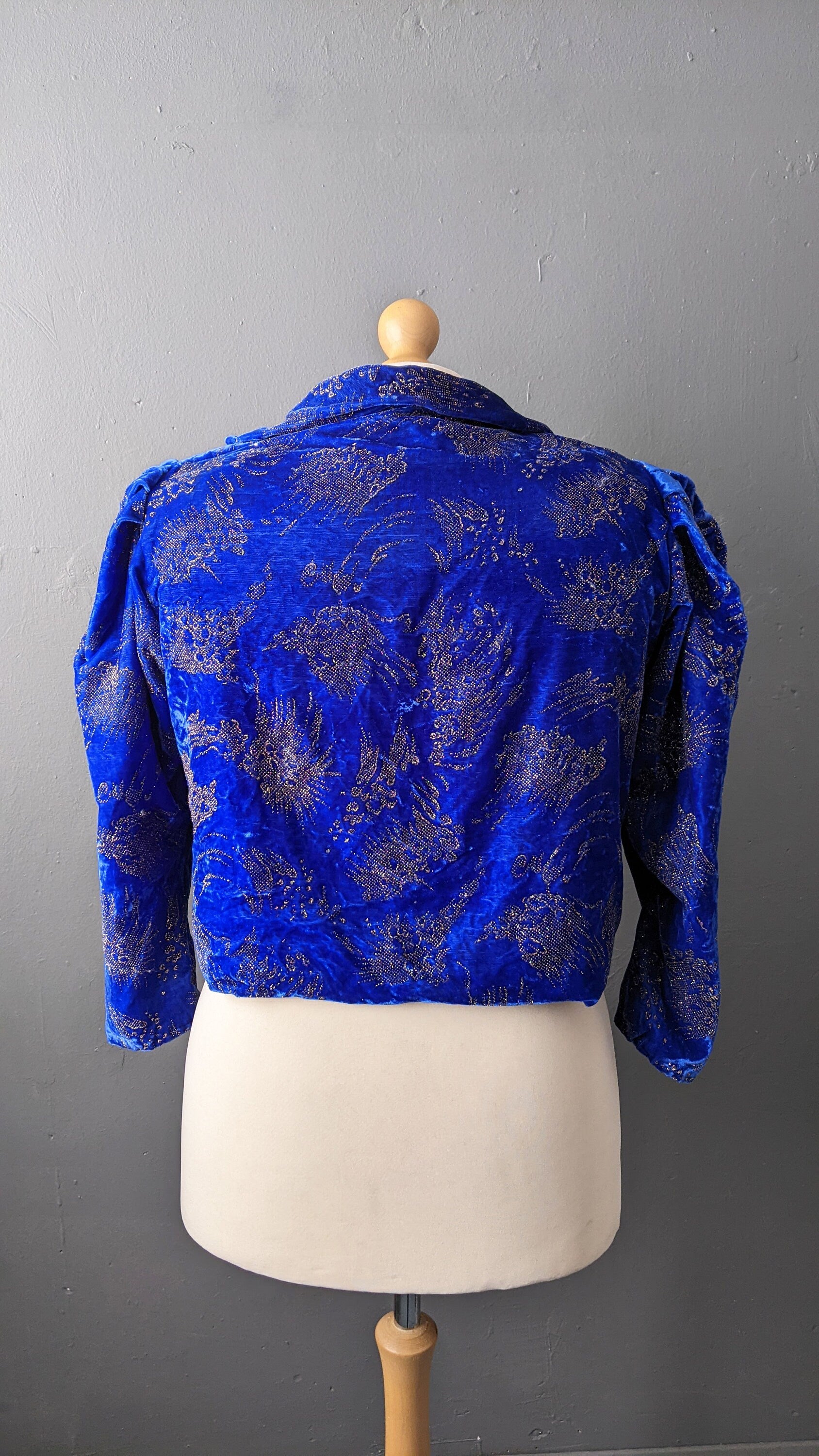 80s Sparkly Blue Velvet Bolero with Puff Sleeves, Glittering Eveningwear, Size Large