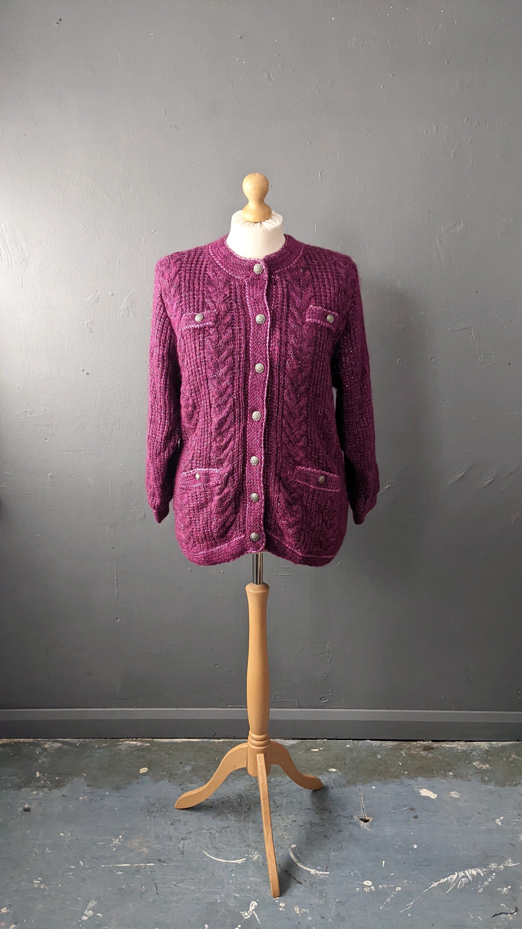 90s Magenta Cable Knit Cardigan, Oversized Chunky Coatigan, Size Medium Large