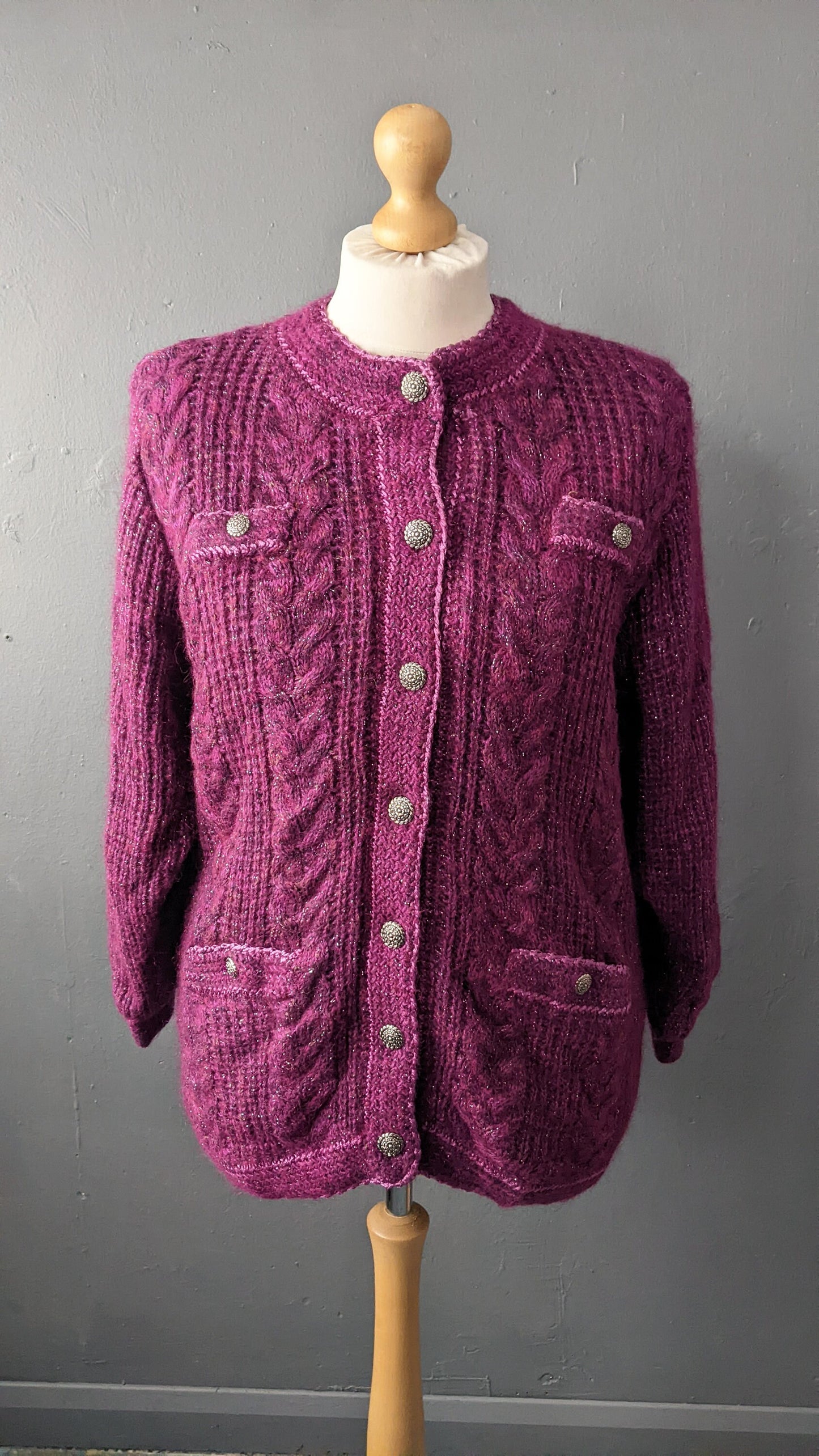 90s Magenta Cable Knit Cardigan, Oversized Chunky Coatigan, Size Medium Large