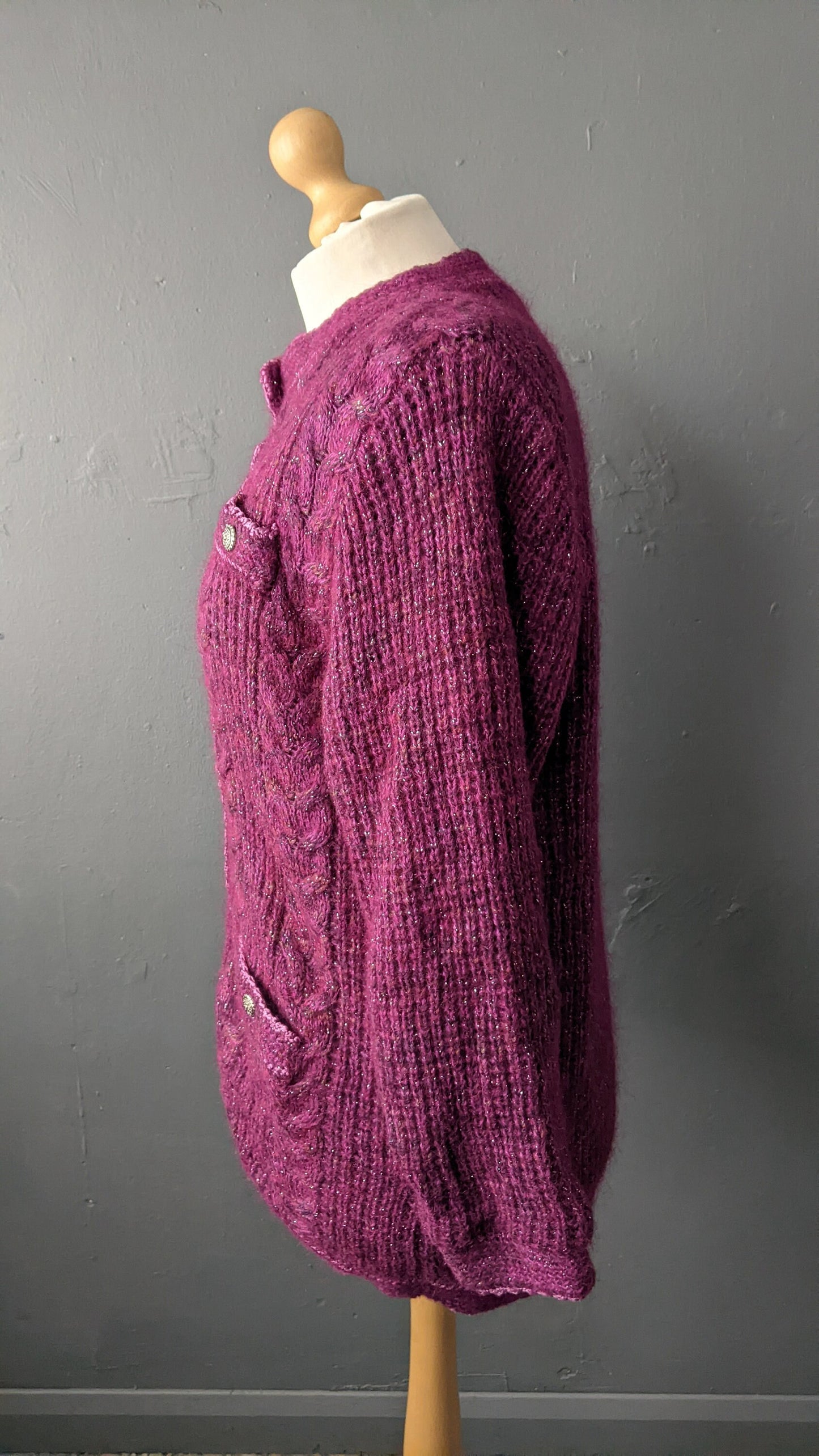 90s Magenta Cable Knit Cardigan, Oversized Chunky Coatigan, Size Medium Large