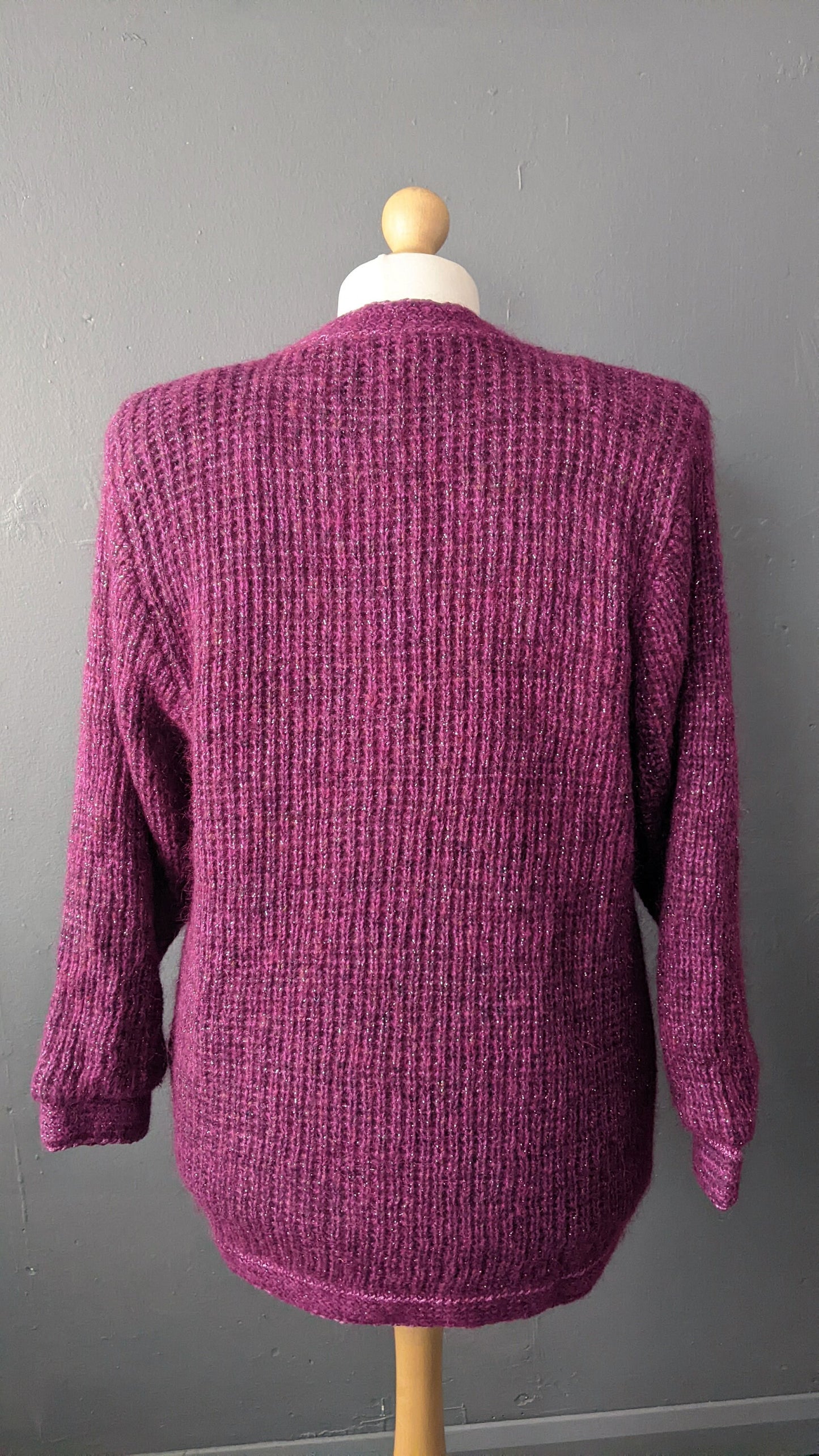 90s Magenta Cable Knit Cardigan, Oversized Chunky Coatigan, Size Medium Large