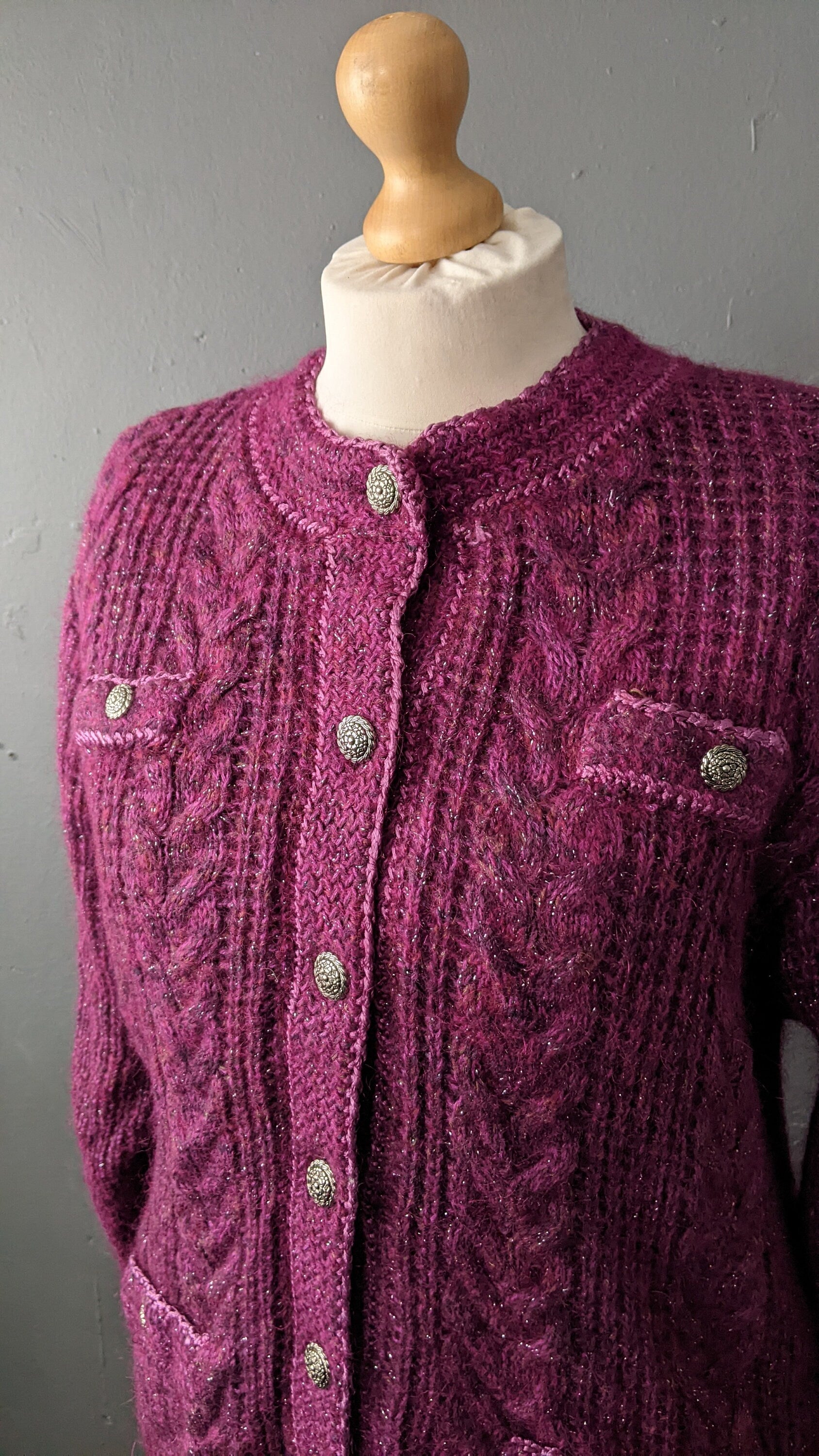 90s Magenta Cable Knit Cardigan, Oversized Chunky Coatigan, Size Medium Large