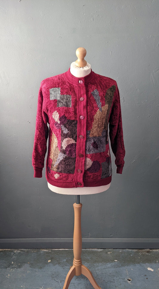 80s Maroon Velvety Cardigan, Multicoloured Chenille Coatigan, Size Medium