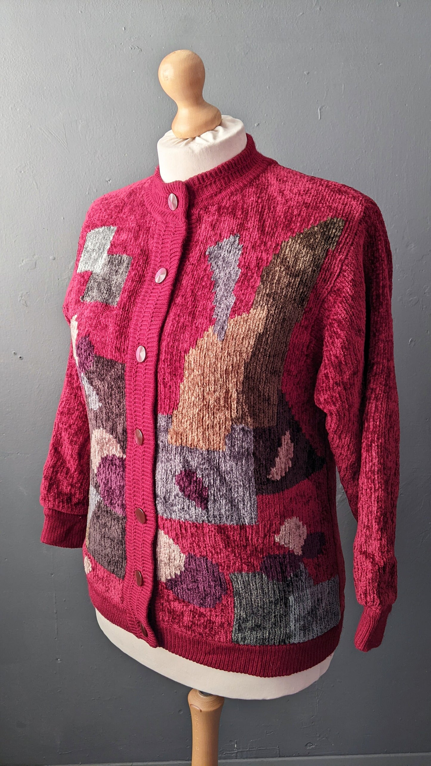 80s Maroon Velvety Cardigan, Multicoloured Chenille Coatigan, Size Medium