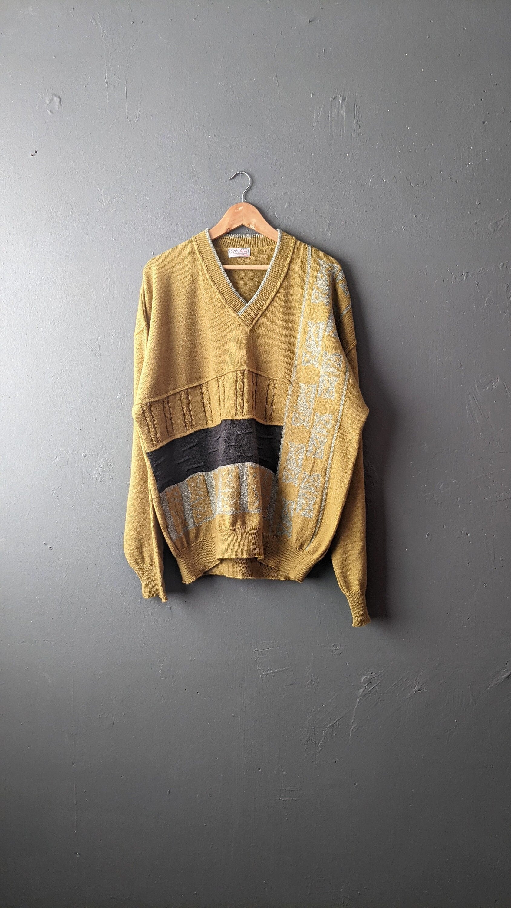 90s Mustard V Neck Jumper, Mens Alpaca Wool Blend Pullover, 50 Chest