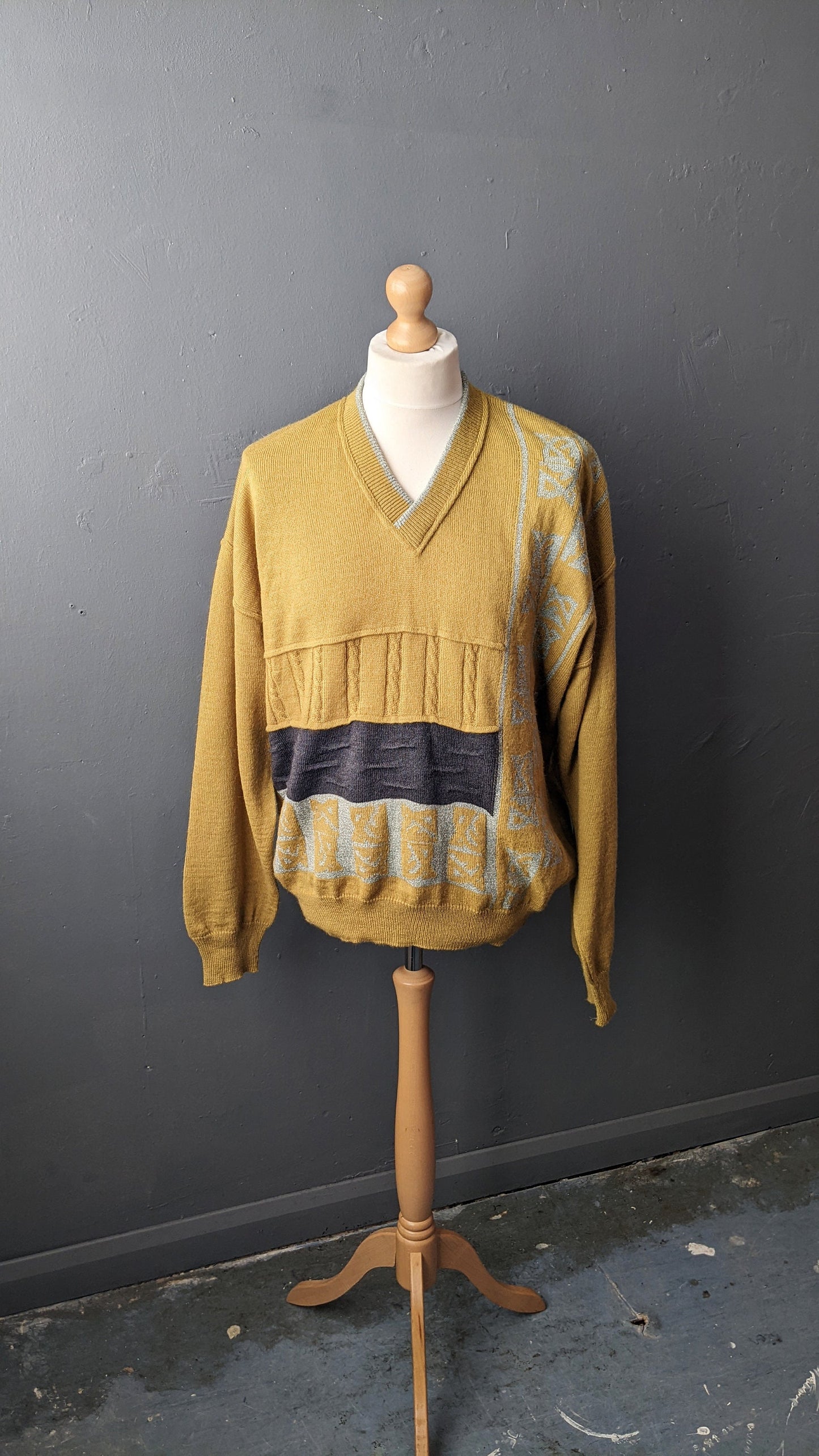 90s Mustard V Neck Jumper, Mens Alpaca Wool Blend Pullover, 50 Chest