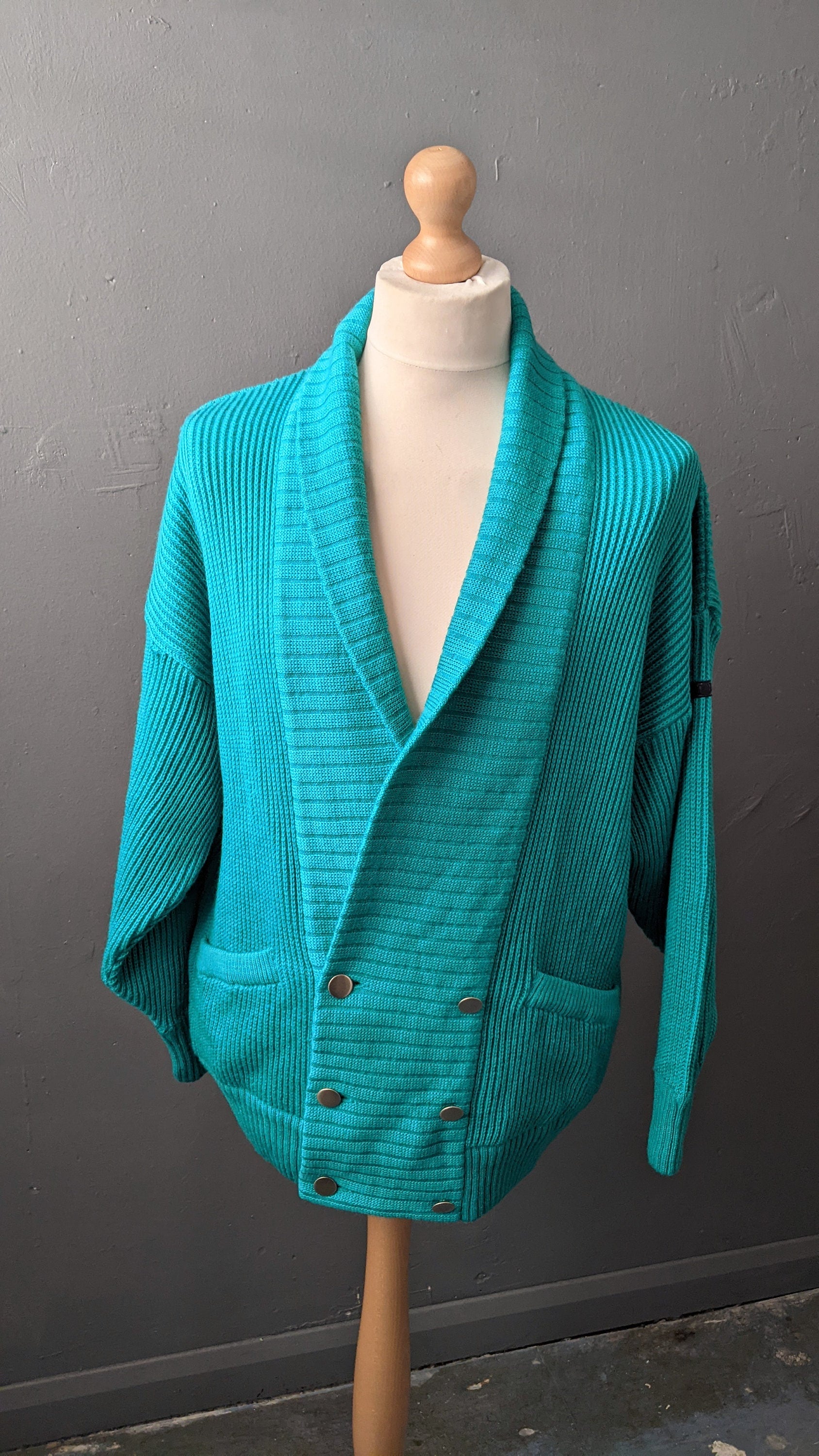 80s Shawl Collar Wool Cardigan in Cosy Jade Blue, Size Large 44 Chest