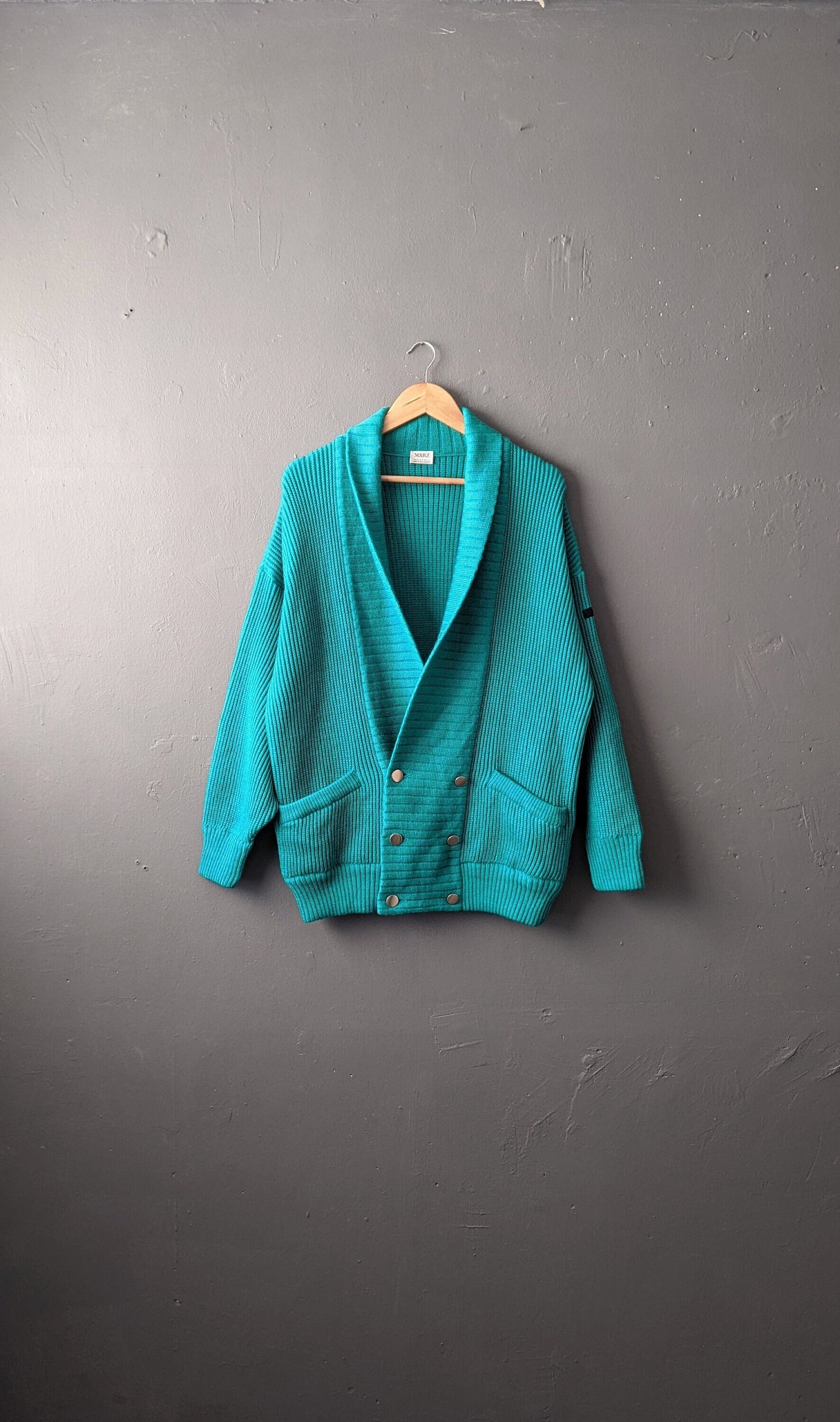 80s Shawl Collar Wool Cardigan in Cosy Jade Blue, Size Large 44 Chest