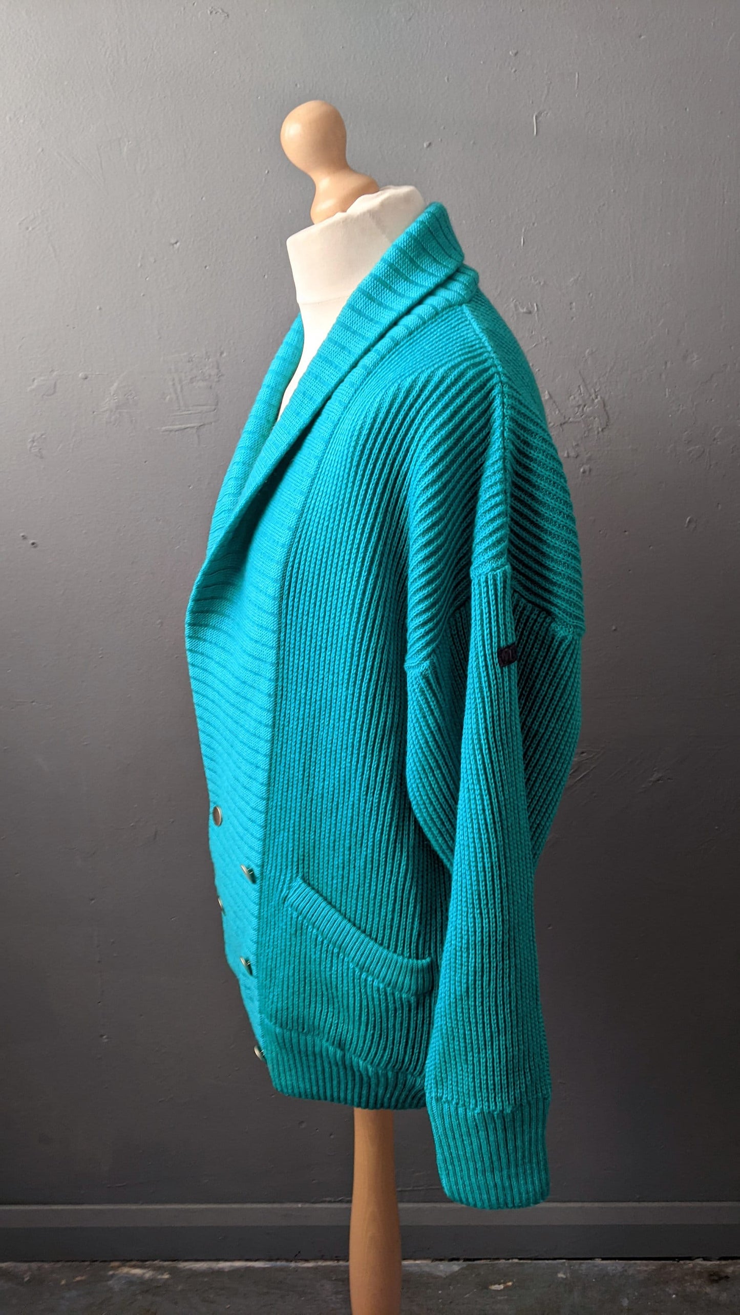 80s Shawl Collar Wool Cardigan in Cosy Jade Blue, Size Large 44 Chest