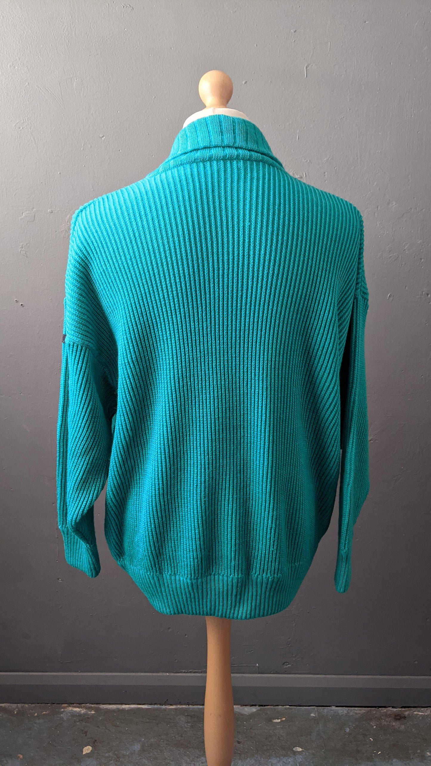 80s Shawl Collar Wool Cardigan in Cosy Jade Blue, Size Large 44 Chest