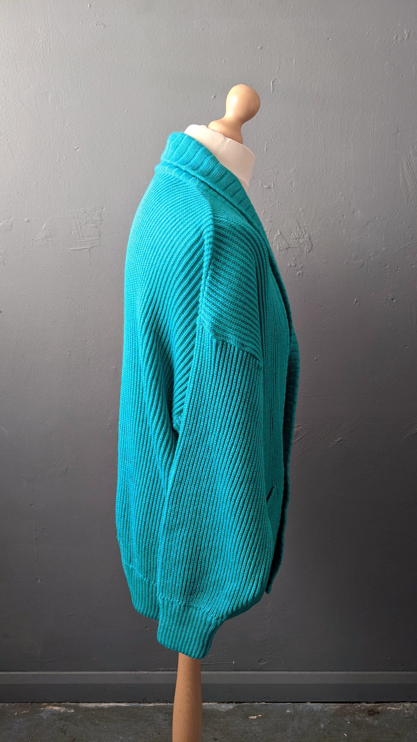 80s Shawl Collar Wool Cardigan in Cosy Jade Blue, Size Large 44 Chest