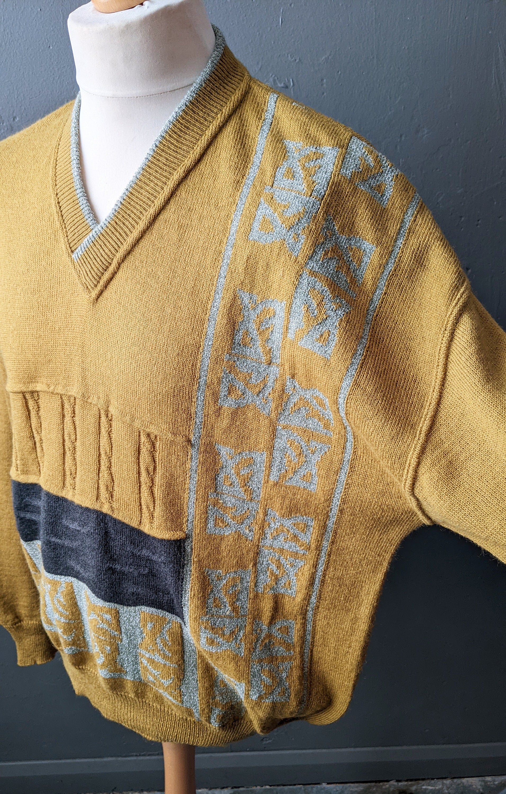 90s Mustard V Neck Jumper, Mens Alpaca Wool Blend Pullover, 50 Chest