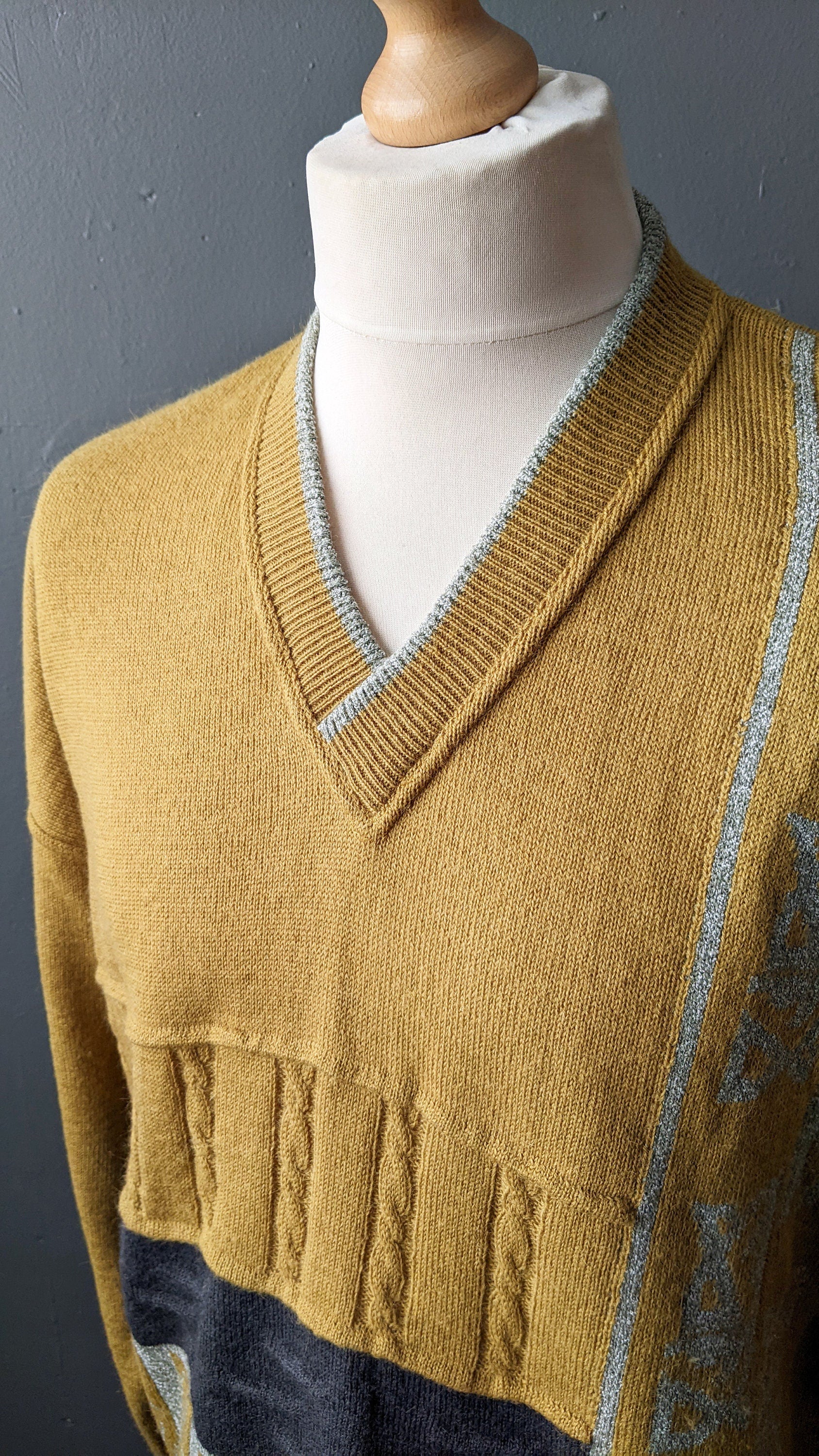 90s Mustard V Neck Jumper, Mens Alpaca Wool Blend Pullover, 50 Chest