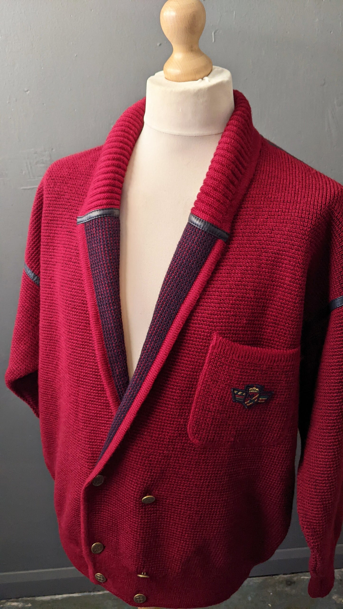 80s Burgundy Shawl Collar Wool Cardigan by Marz Munchen, Size Large