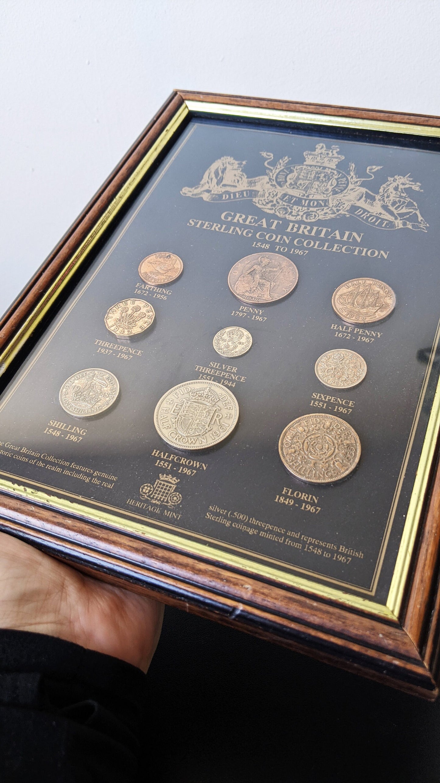 Vintage Framed Coin Collection by Heritage Mint, Pre Decimal British Currency Florin Halfcrown