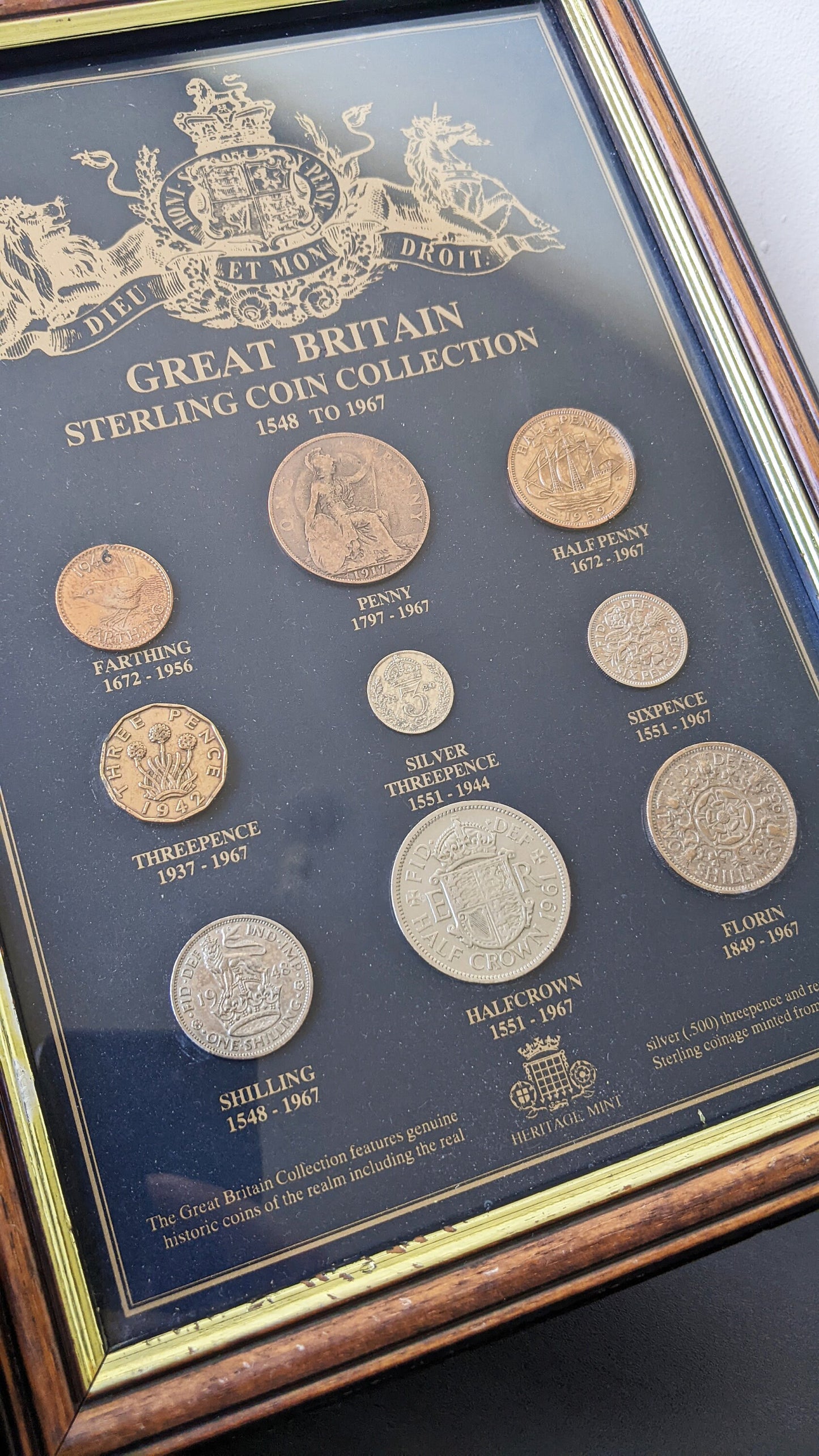 Vintage Framed Coin Collection by Heritage Mint, Pre Decimal British Currency Florin Halfcrown