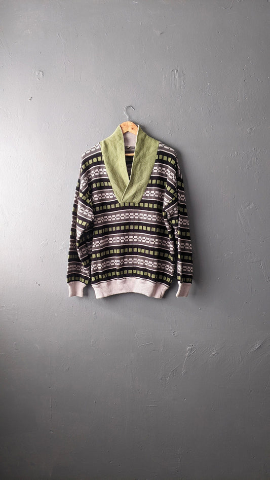 90s Striped High Neck Wool Blend Sweater with Button Shawl Collar, Size L XL 44 46 Chest