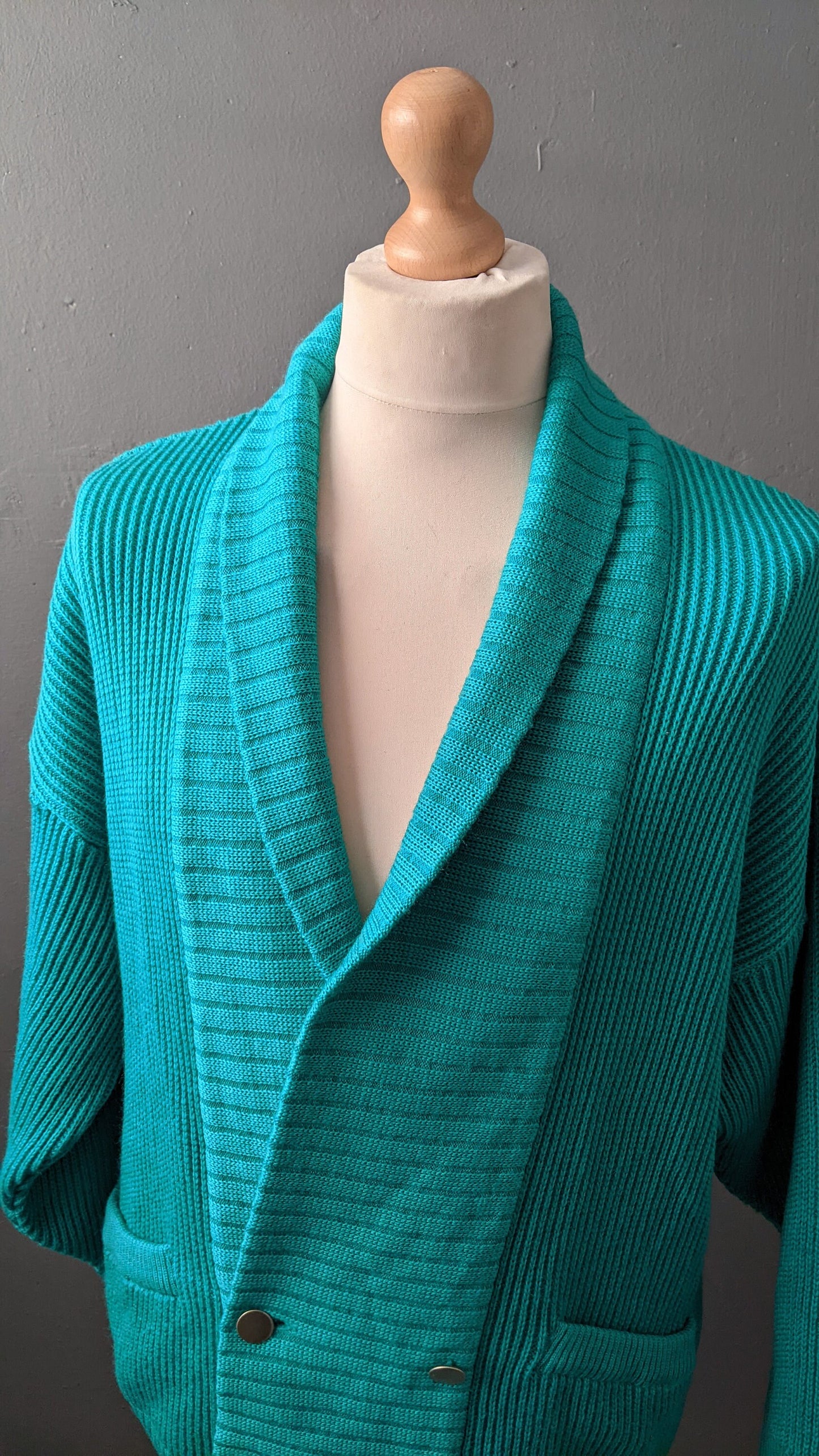 80s Shawl Collar Wool Cardigan in Cosy Jade Blue, Size Large 44 Chest