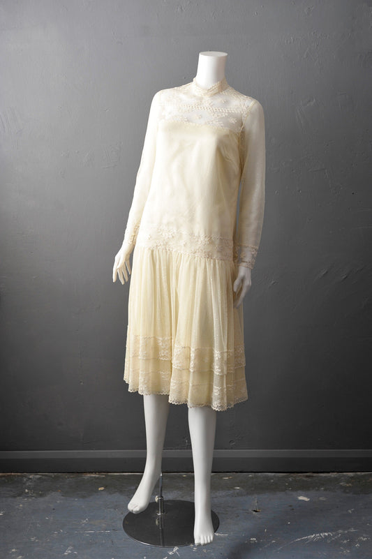 80s Cream Bohemian Wedding Dress, Twenties Inspired Gown by Colombine Nemours, UK Size 10