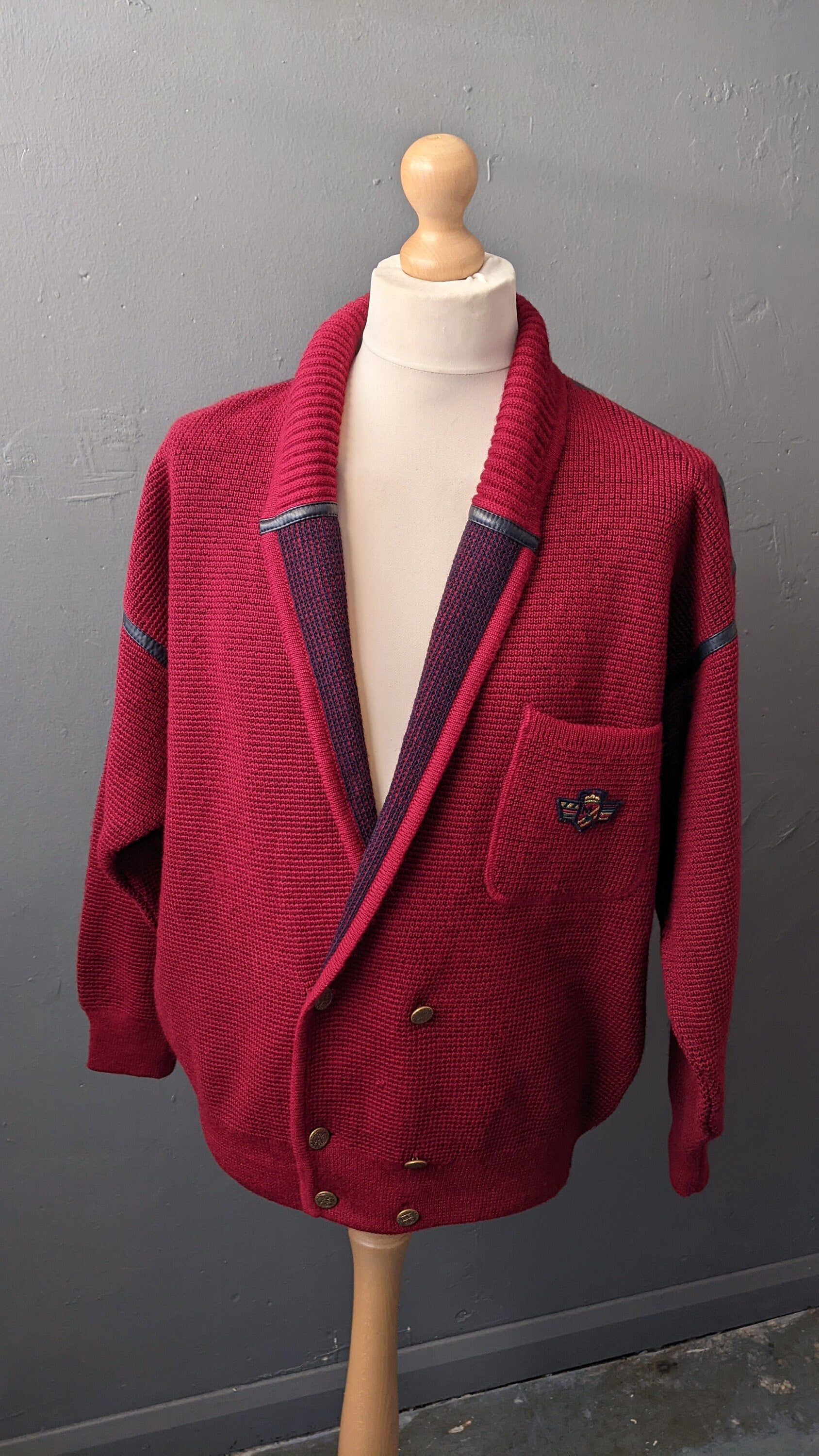 80s Burgundy Shawl Collar Wool Cardigan by Marz Munchen, Size Large