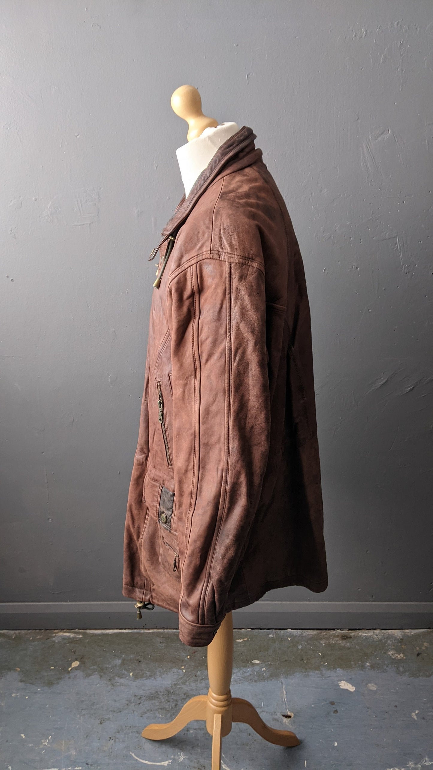 90s Brown Leather Parka, Hip Long Coat, Size Large