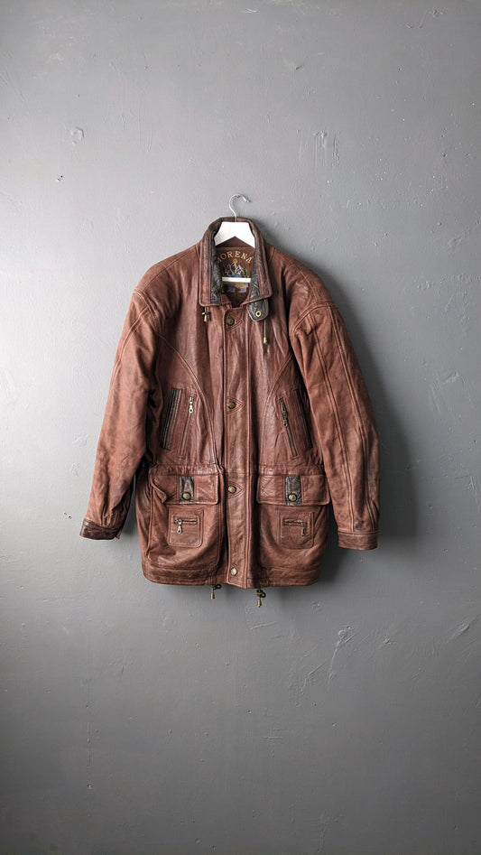 90s Brown Leather Parka, Hip Long Coat, Size Large